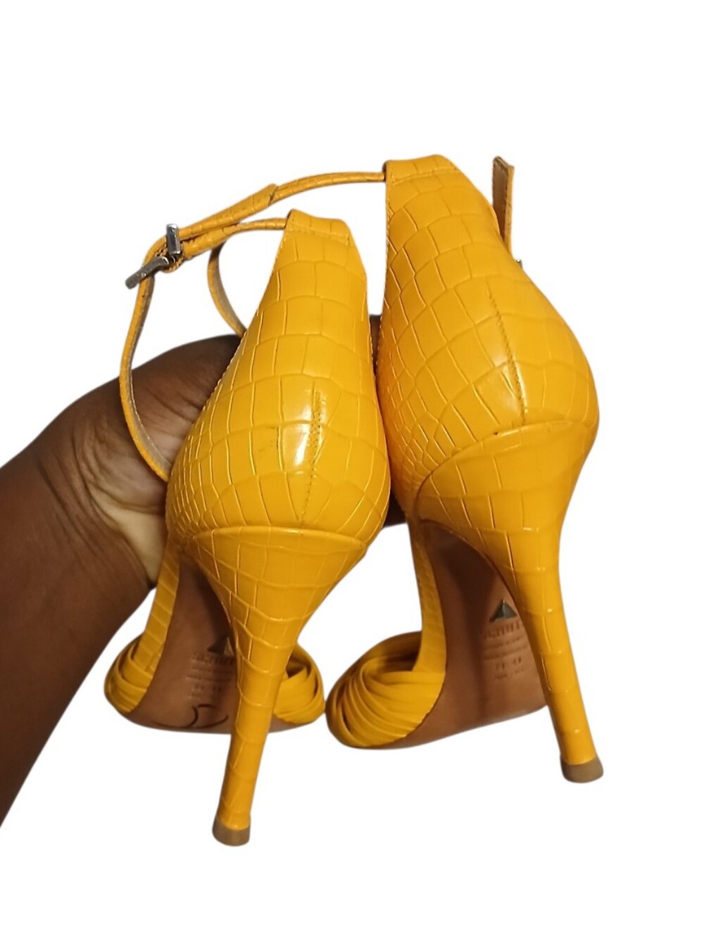 Schutz | Mary Gold Leather Croc Embossed Strappy Peeptoe Heeled Sandals Size 10 - Picture 10 of 13